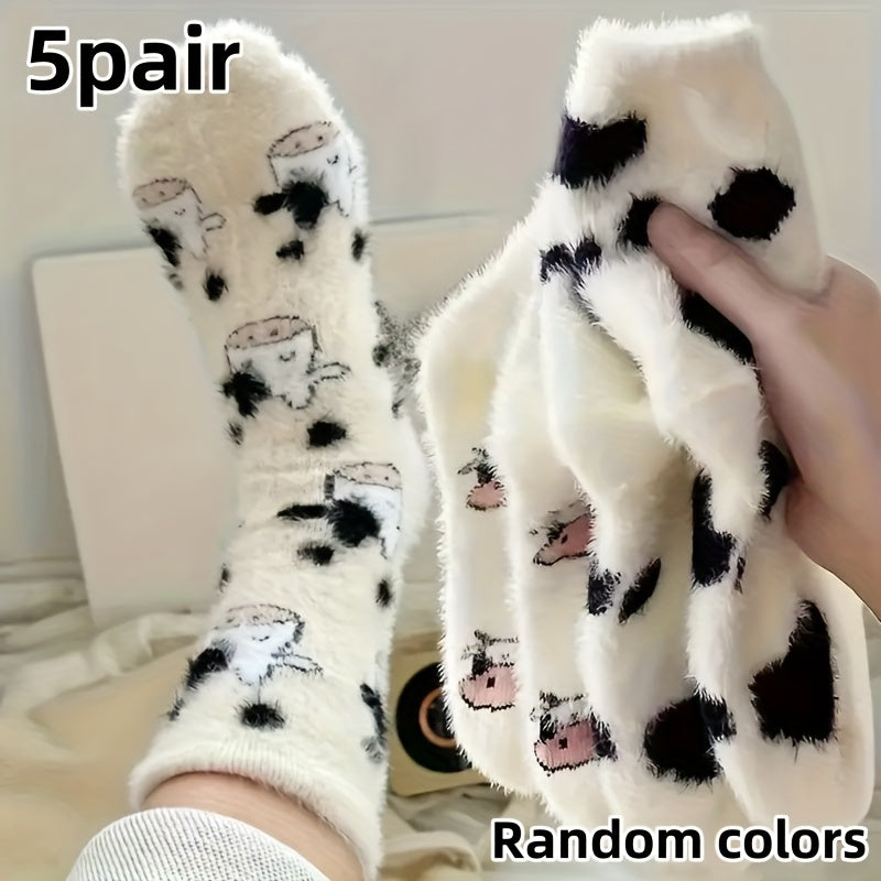 5 Pairs Milk Dot Fluffy Socks for s & - Thickened Warm Winter Socks with Cozy Furry Lining, Cute Cow/Chicken/Sheep/Beaver/Bear Patterns, Family Pack /Outdoor Use, Machine Washable Cold-Proof Footwear