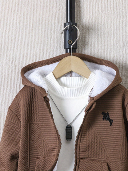 2pcs Boys' Casual Outfit Set, Long Sleeve Hooded Jacket with Embroidery and Zipper, Geometric Pattern Knit Pants, Polyester with Spandex Lining, Regular Fit for Autumn/Winter, for Outdoor