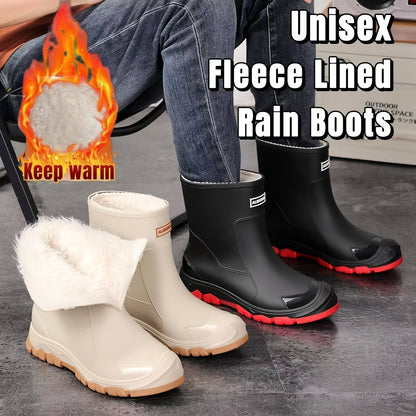 Unisex Fleece-Lined Rubber Rain Boots for Winter Outdoors