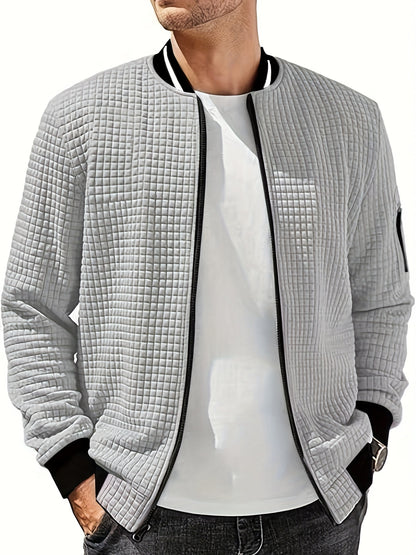 Men's Casual Bomber Jacket with Stand Collar - Polyester and Elastane Blend, Knit Fabric with Slight Stretch, Solid Color, Zipper Detail, Long Sleeve, Regular Fit