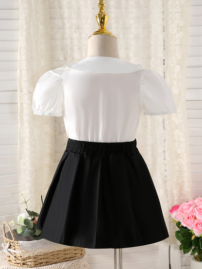 Girls' Preppy 2-Piece Puff Sleeve Top & Pleated Skirt Set