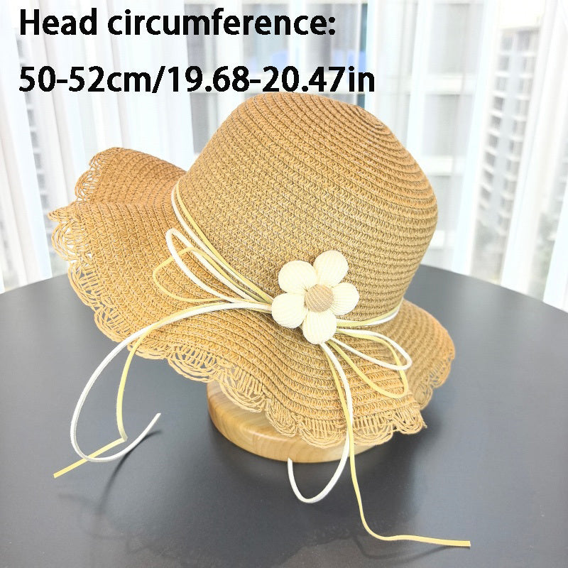 Kids' Paper Straw Hat with Lace Trim & Flower, Adjustable Strap