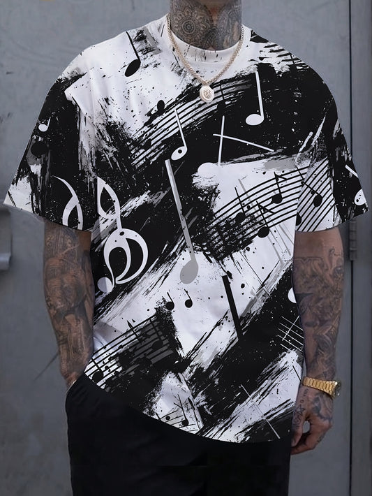 OBM Men's Casual Short Sleeve T-Shirt - Music Note  Splatter Print Design, 100% Polyester, Breathable Summer Tee, Regular Fit, Machine Washable, Musicthemed Apparel, Smooth Texture Fabric