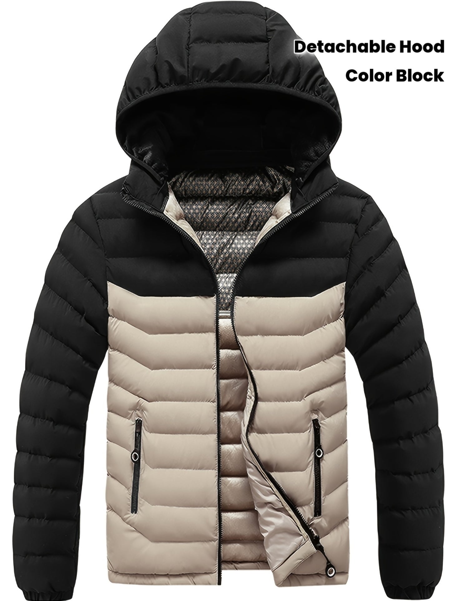 Men'S Winter Jacket with Detachable Hood - Black & Green Color Block, Zip-Up Casual Coat, Long Sleeve, Polyester Lining, Pockets, Regular Fit for Fall/Winter Outdoor Wear, Winter Coat, Fall Outerwear, Trendy Winter Jacket, Du