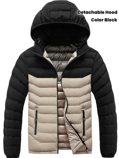 Men'S Winter Jacket with Detachable Hood - Black & Green Color Block, Zip-Up Casual Coat, Long Sleeve, Polyester Lining, Pockets, Regular Fit for Fall/Winter Outdoor Wear, Winter Coat, Fall Outerwear, Trendy Winter Jacket, Du