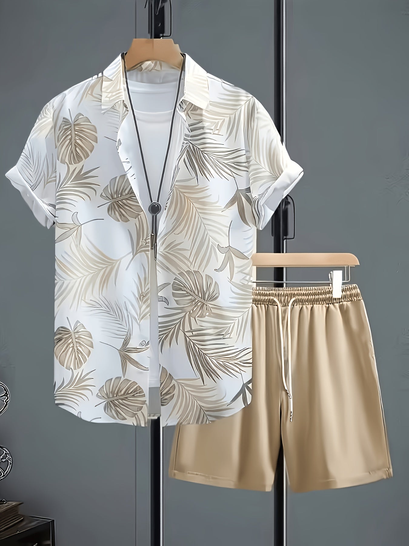 Men's Casual Summer 3D Print Lapel Shirt and Drawstring Shorts Set