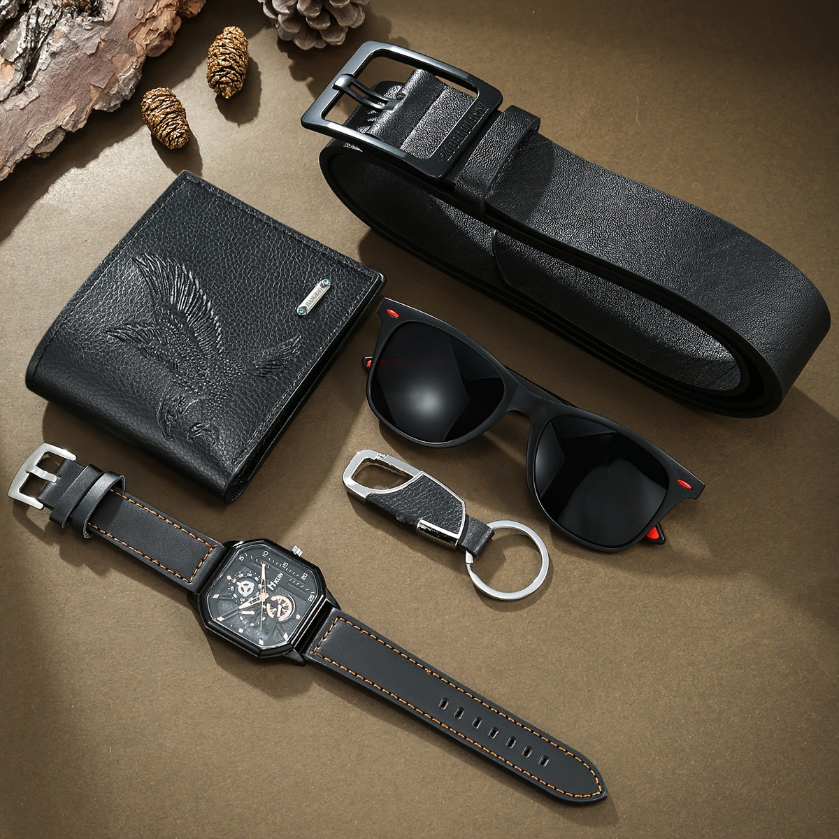 5pcs Men'S Luxury Casual Business Style Gift Set - Black Faux Leather Watch, Fashion Wallet, Everyday Belt, Glasses, Keychain - Ideal for Valentine's, Thanksgiving, Christmas