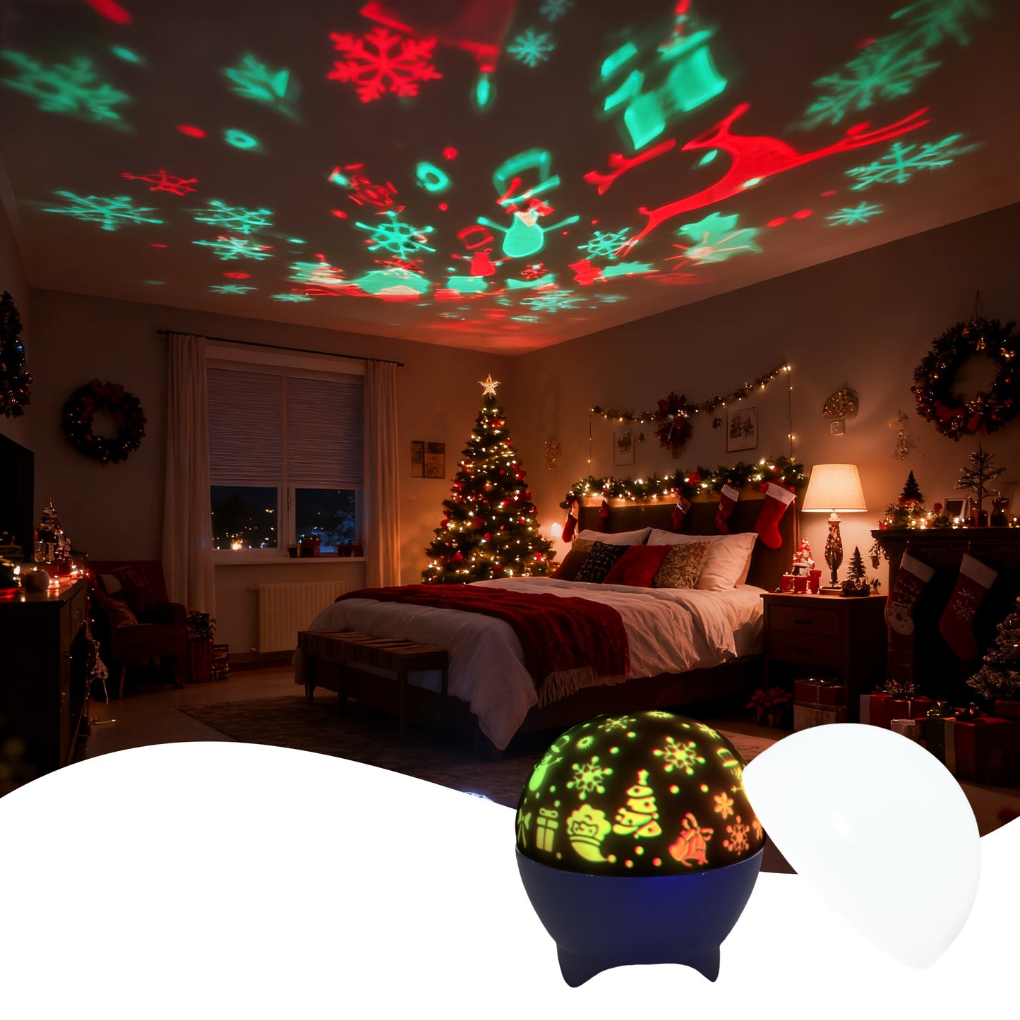 2-in-1 USB-Powered Night Light with RGB Sound Sensor & Dimmable Music Beats - USB-Powered Projection & Ambient Lighting, 5-Color RGB Night Light with Snowflake Effect