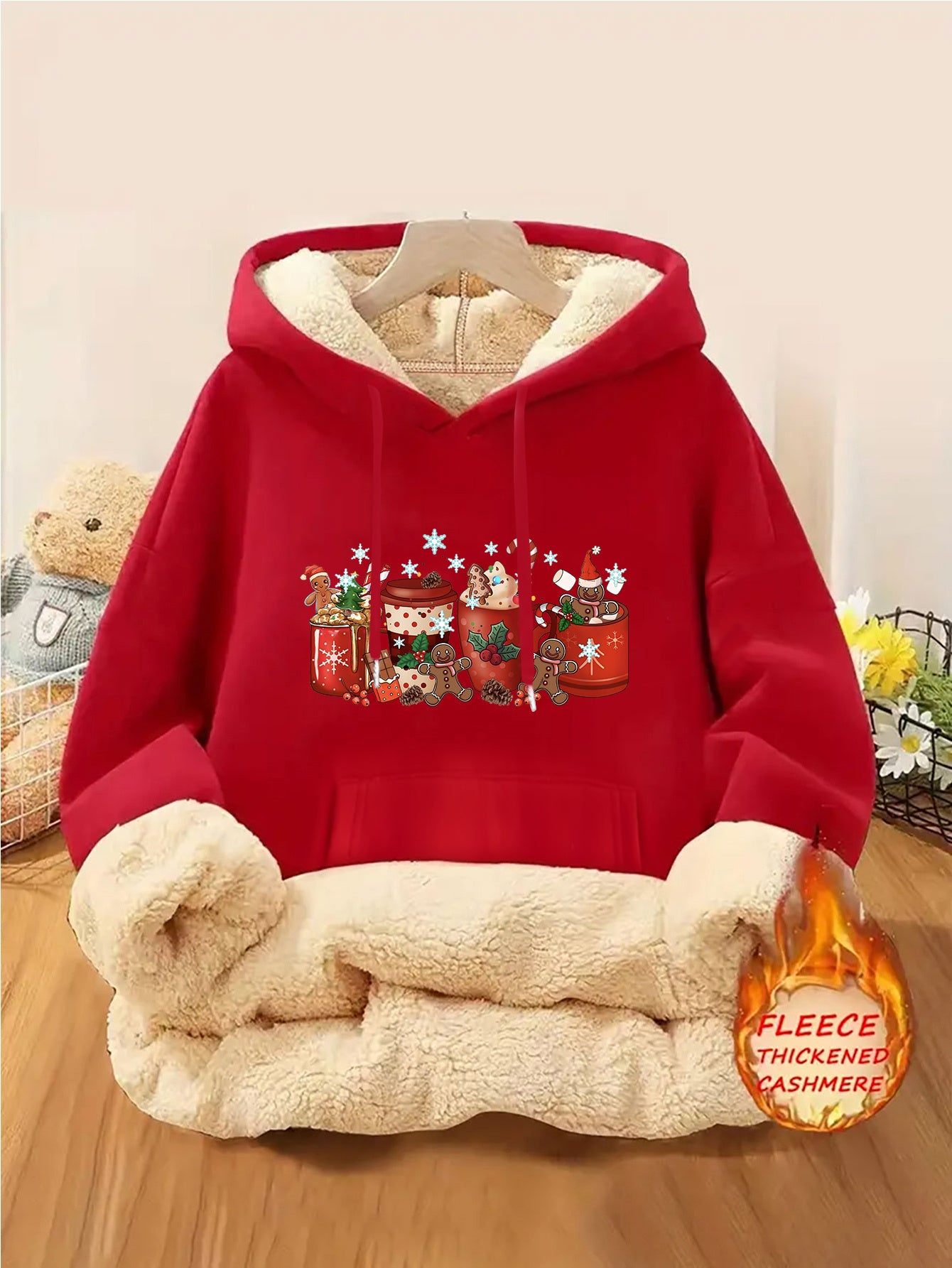 1pc Women's Thick-Lined Hooded Sweatshirt with Gingerbread for Man in Santa Hat & Candy Cane Print - Cozy Plush Lined, Soft Polyester Warm Pullover for Fall/Winter, Machine Washable Casual Outerwear, Cold Weather Wear, Minima