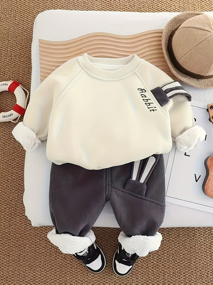 Baby Boys' Winter Warmth Fleece-Lined Sweatshirt & Pants Set - Soft & Brown Round Neck Outfit with Cuffs, Machine Washable Toddler Clothes for Autumn/Winter, Cozy Casual Playwear for Cold Weather, for Outdoor, Thick