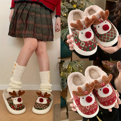 XIXITIAO Women's /Korean Style Winter Slippers - Deer & Reindeer Pattern Cozy Warm Booties, Soft Fabric & Sole for Indoor/Outdoor Use, Cute Animal Shoe for Christmas, Hand Washable