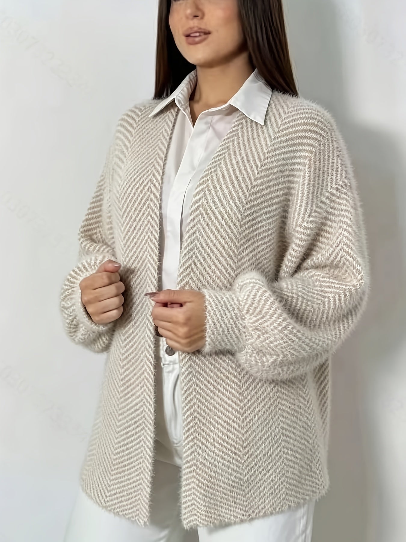 Plus Size Elegant Striped Lantern Sleeve Cardigan for Fall