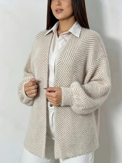 Plus Size Elegant Striped Lantern Sleeve Cardigan for Fall