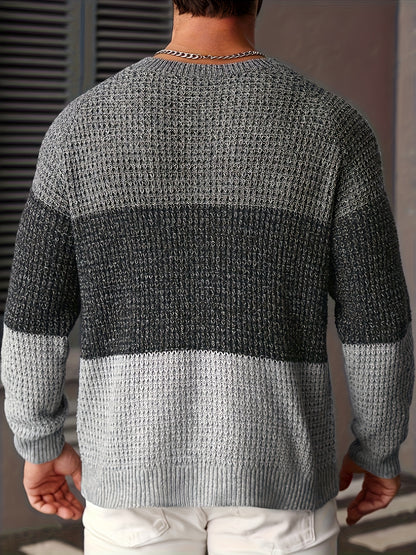 Men's Autumn and Winter Color Block Knit Sweater, Crew Neck Pullover