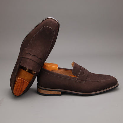 Men's Top Grain Suede Penny Loafers with Non-Slip Rubber Sole