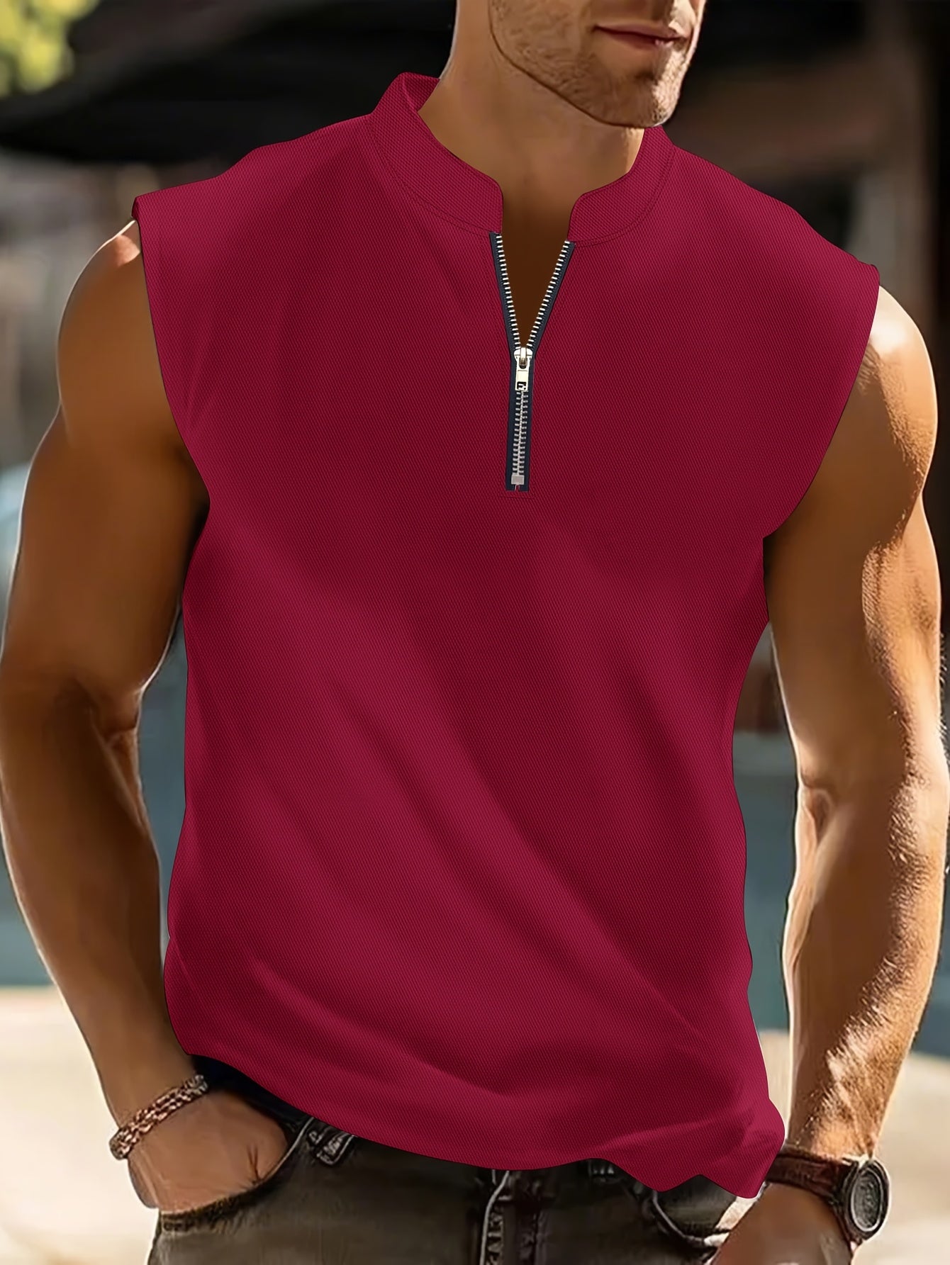 Men's Sleeveless V-Neck Shirt with Quarter Zip - Lightweight Summer To