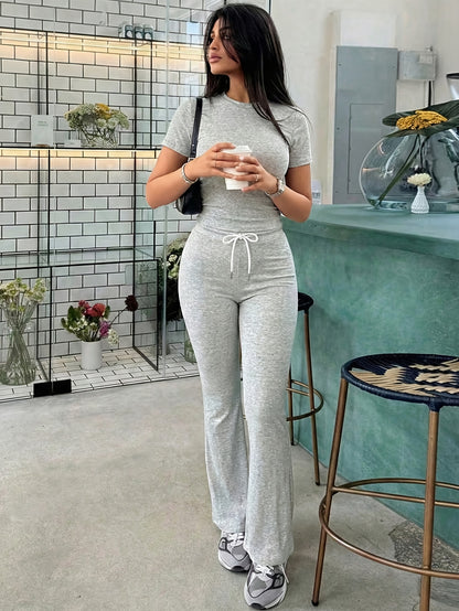 Women's Spring Summer Cropped Short Sleeve Top & Flared Pants Set