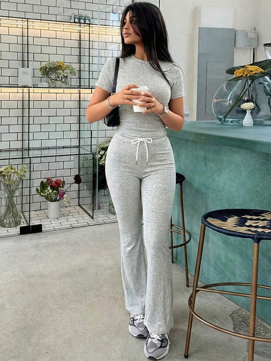 Women's Spring Summer Cropped Short Sleeve Top & Flared Pants Set