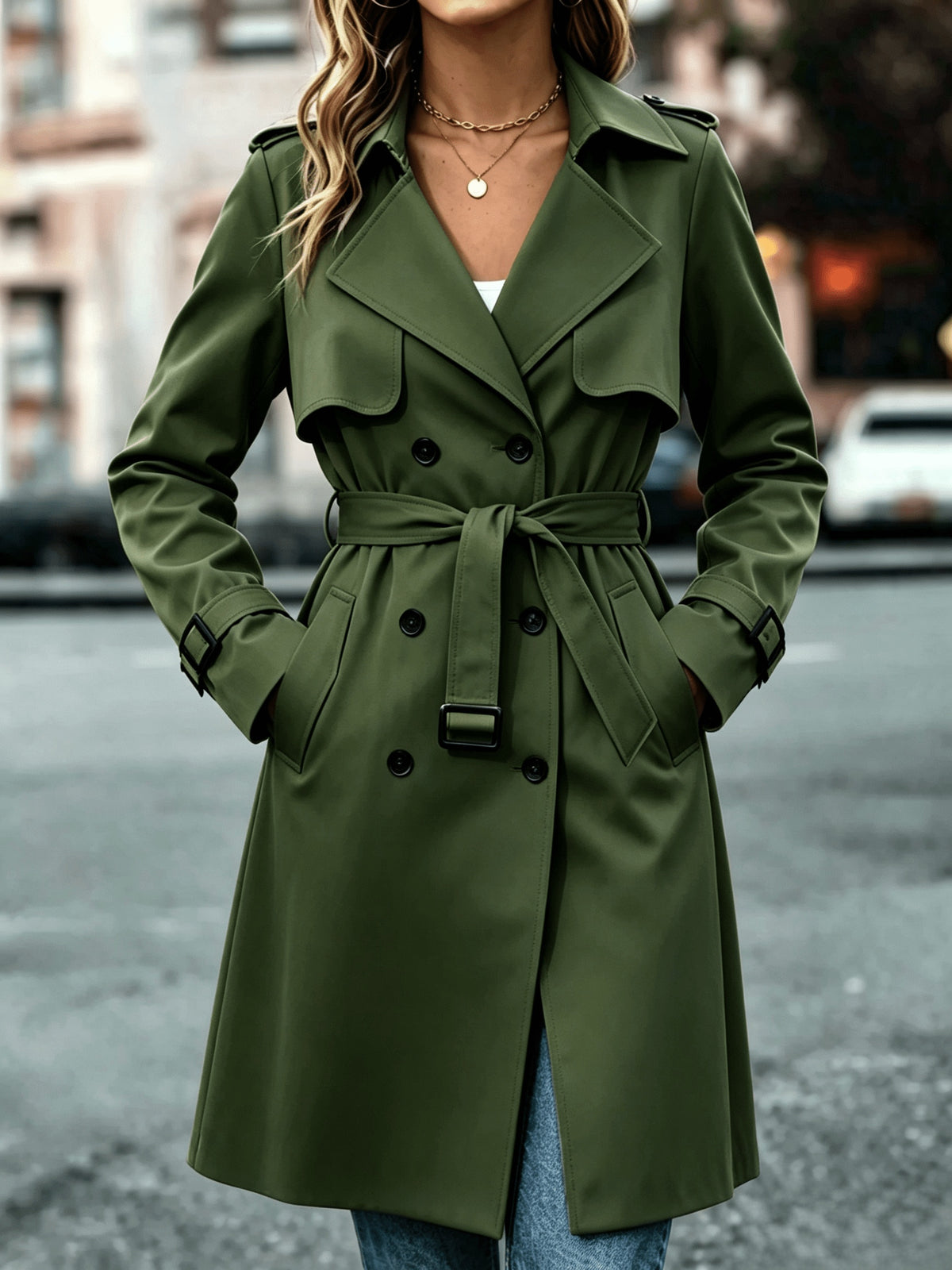 Elegant Solid-Color Double-Breasted Trench Coat with Belt