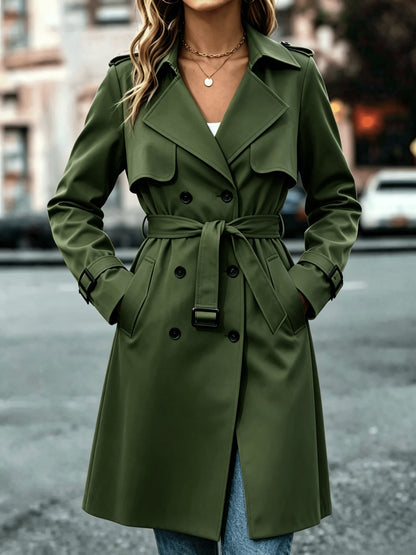 Elegant Solid-Color Double-Breasted Trench Coat with Belt