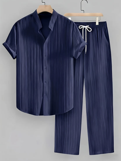 Men's Summer Casual Athletic Set - Short Sleeve Shirt & Drawstring Pan