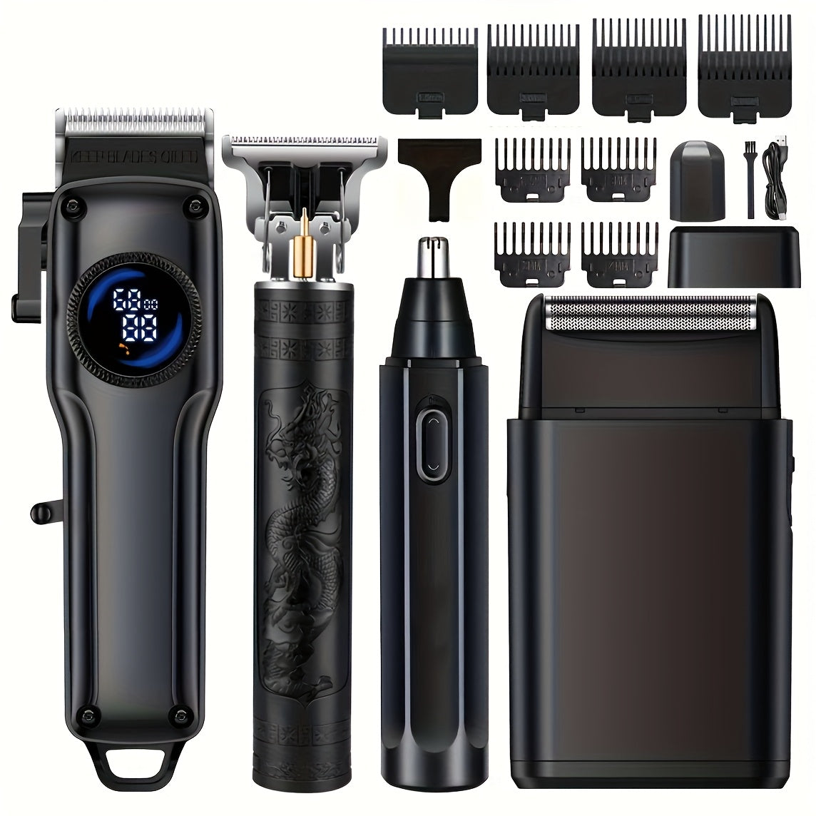 1-Piece/4-Piece Hair & Beauty Set – Rechargeable Electric Hair Clipper, Beard Trimmer, Nose Hair Trimmer, Shaver, Adjustable Length, Ideal for Men's Home Haircuts, Travel, Styling, and Beard Grooming, Perfect Gift for Men