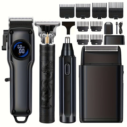 1-Piece/4-Piece Hair & Beauty Set – Rechargeable Electric Hair Clipper, Beard Trimmer, Nose Hair Trimmer, Shaver, Adjustable Length, Ideal for Men's Home Haircuts, Travel, Styling, and Beard Grooming, Perfect Gift for Men