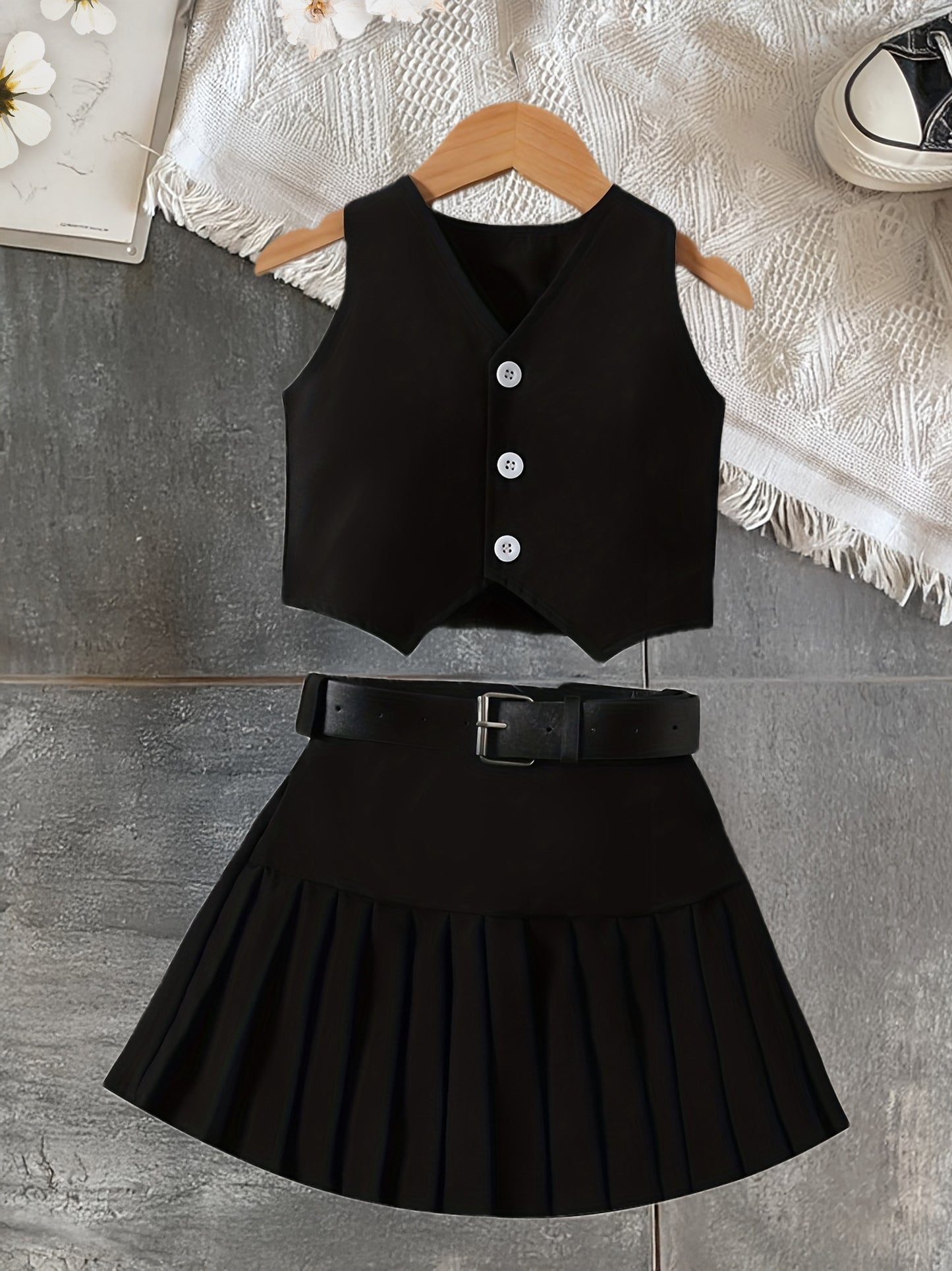 Girls 3-Piece Spring/Summer Set: V-Neck Tank, Pleated Skirt & Belt