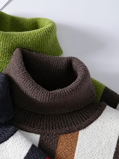 Men'S High-Neck Knitted Pullover Sweater - Striped Color-Blocking Stylish Casual Knit Top for Men - Sweater for Back-To-School Season And Holiday Gatherings