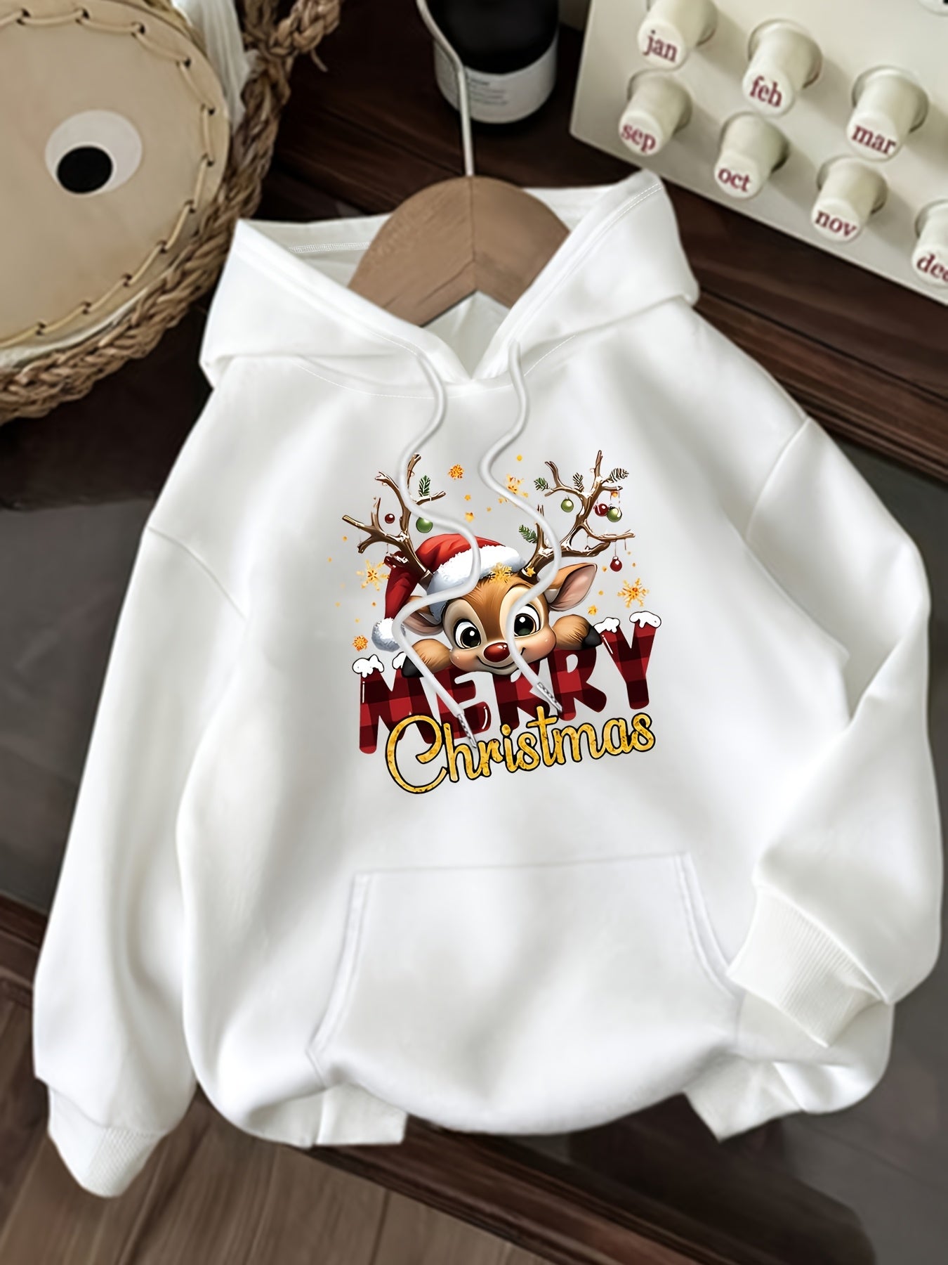 Women's White Christmas & New Year's Letter Print Hooded Sweatshirt - Long Sleeve Casual Pullover with Golden Glitter Lettering, Reindeer & Snowflake Design, Drawstring Hood, All-Season Cozy Sweater for Winter, Fall & Holiday