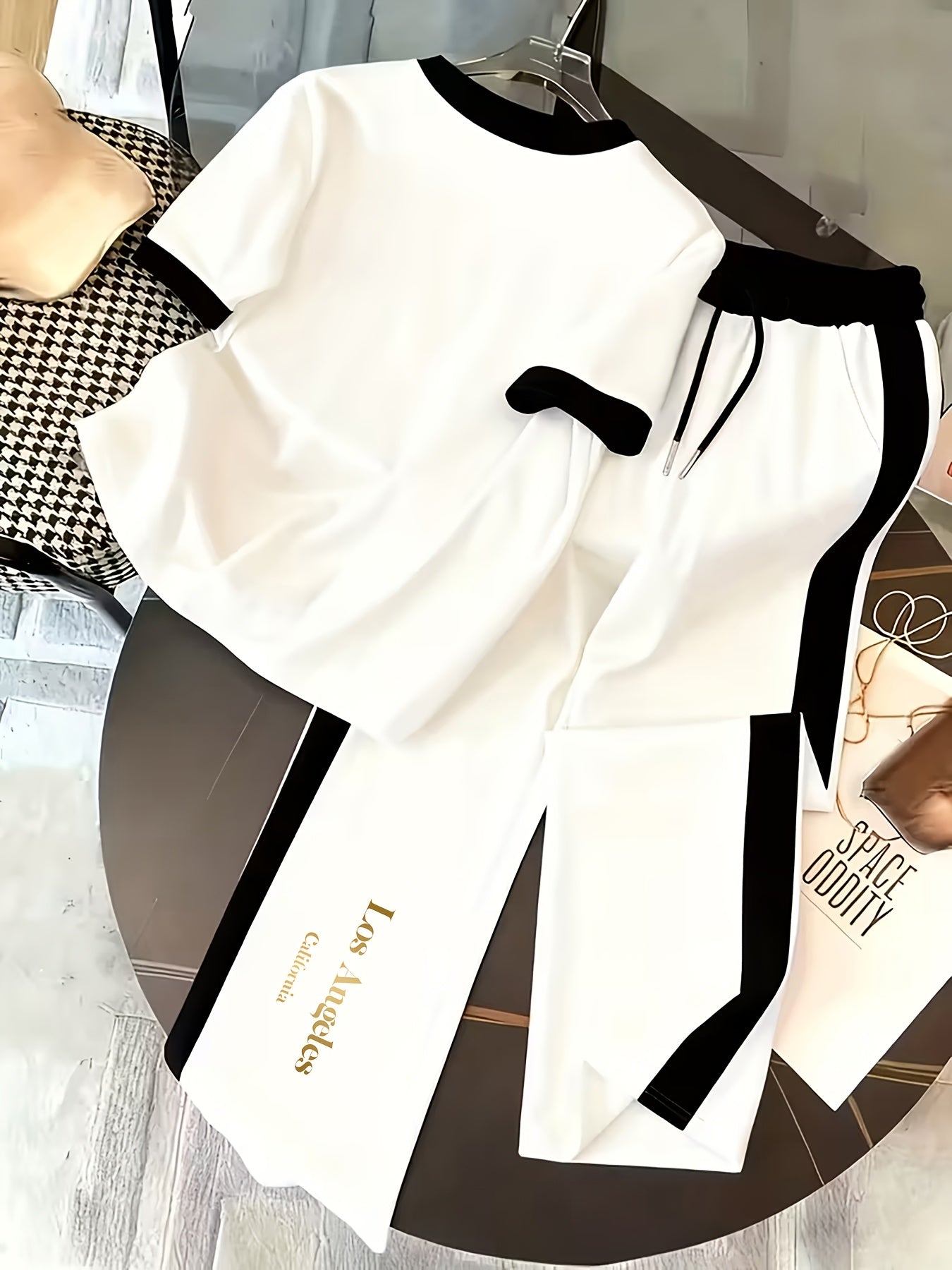 Women's Casual 2pc Polyester Set with Color Block Design