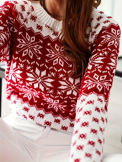 Women's Elegant Red & White Winter Sweater with Snowflake Pattern - Long Sleeve Round Neck Christmas Sweater for Holiday Parties, New Year's Eve & Everyday Winter Wear - Cozy Warm Sweater for Women, Festive Snowflake Design,