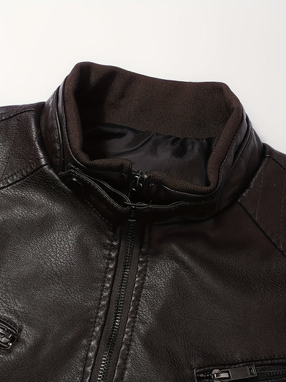 Men's Stylish Burgundy Jacket - Fall/Winter Trendy Stand Collar Biker Jacket with Multiple Zippered Pockets, Casual Design for Casual Attire, Fall Jacket | Modern Casual Jacket | Glossy Finish Jacket