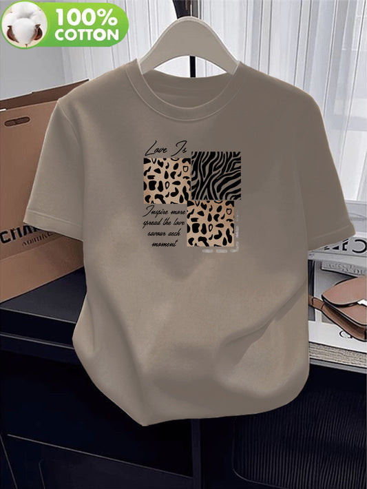Women’s Casual Cotton T-Shirt with Leopard & Zebra Prints - ayq