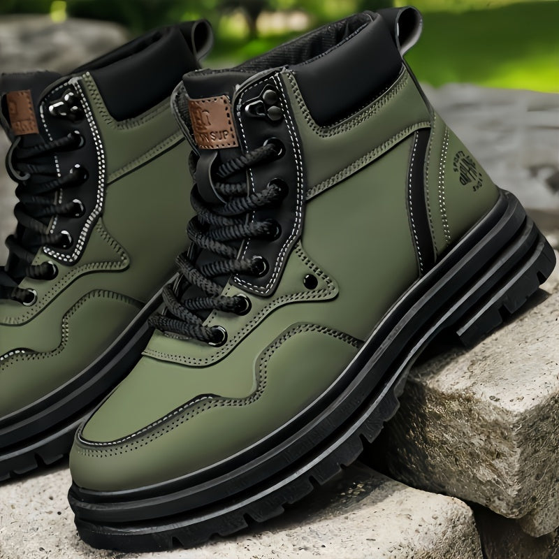 Men's Trendy Solid Ankle Boots, Comfy Non Slip Lace Up Durable Shoes for Men's Outdoor Activities