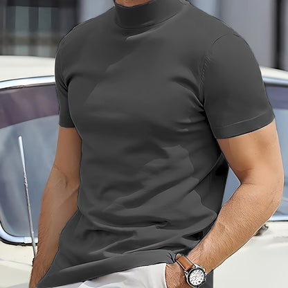 Men's Summer New Basic Solid Color Fashion Simple High-End Casual Sport Comfortable High-Neck Short-Sleeve Top - ayq