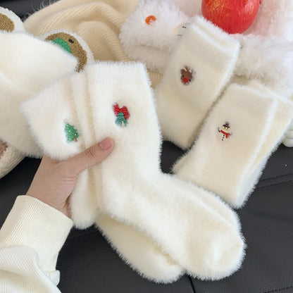 1 Pair Women's Cozy Furry Winter Thermal Socks - Thick Warm Plush Polyester with Festive Snowman, Gingerbread & Reindeer Embellishments, Soft Round Toe & Heel, Hand Wash Only - Christmas & New Year's Party Socks for Cold Weat