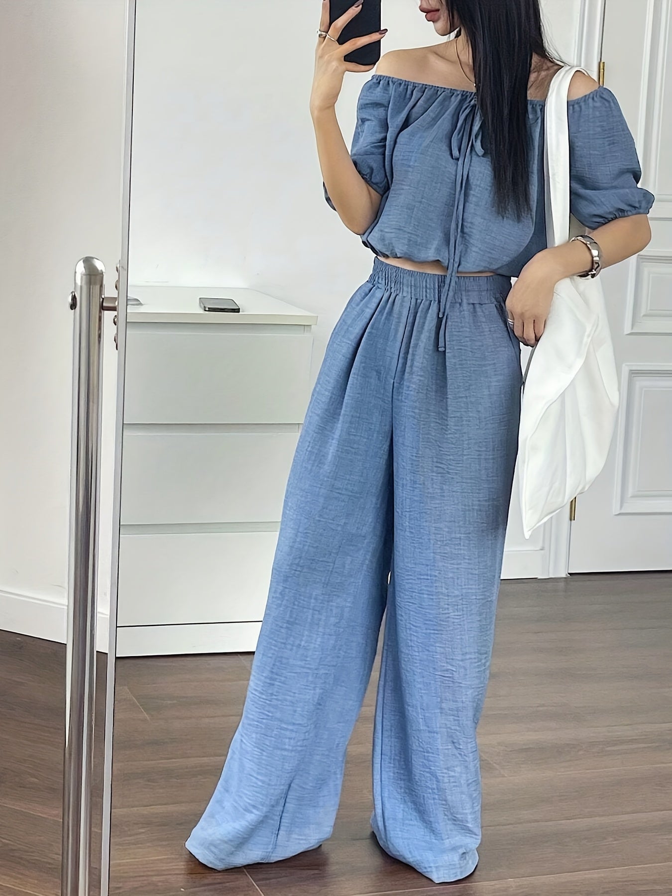 Women's Summer Solid Color Off-Shoulder Puff Sleeve Crop Top and Loose Wide-Leg Pants Two-Piece Set