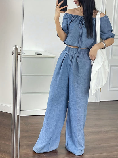 Women's Summer Solid Color Off-Shoulder Puff Sleeve Crop Top and Loose Wide-Leg Pants Two-Piece Set