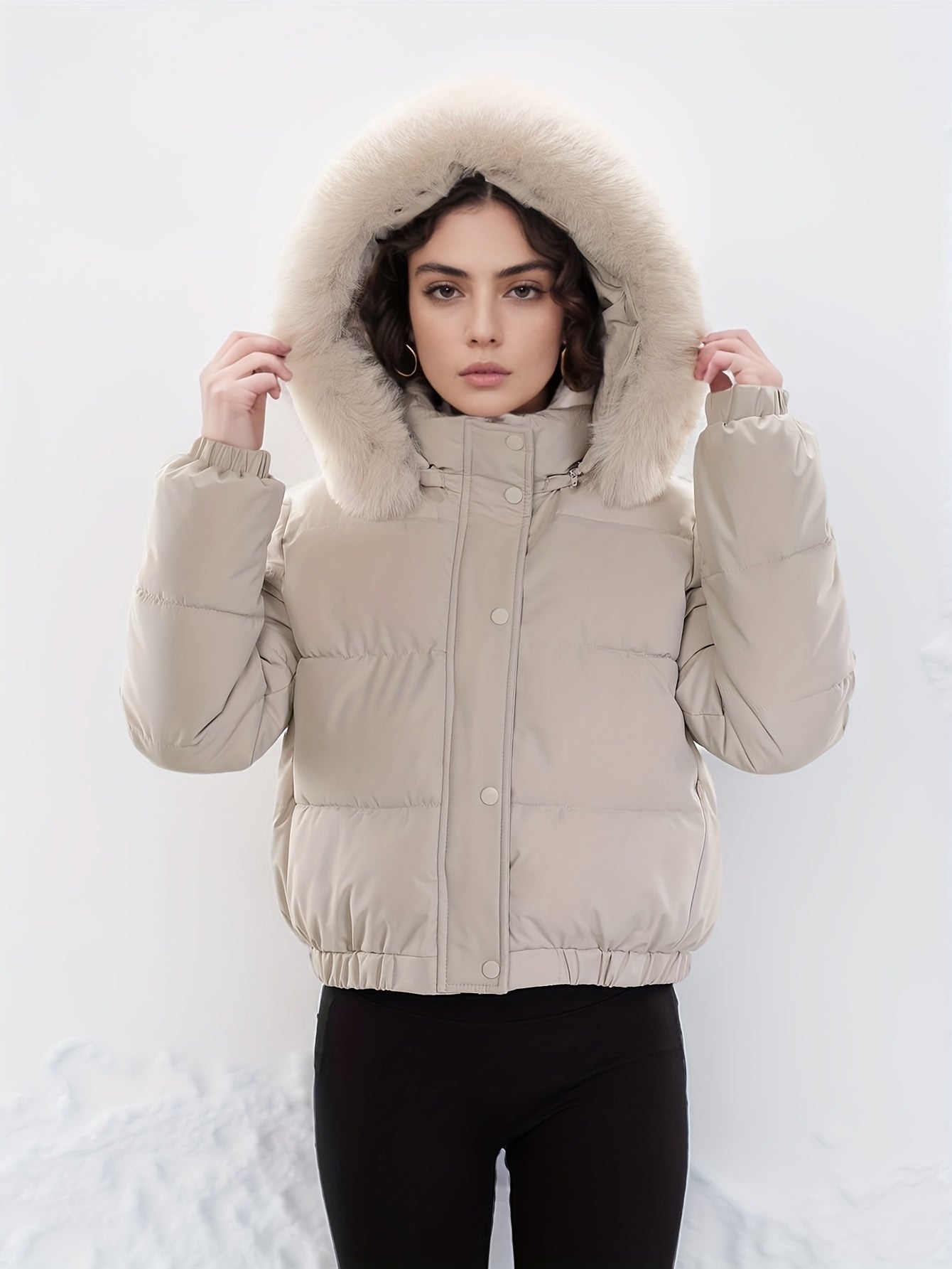 Women'S Winter Coat with Removable Faux Fur Hood - Thickened Loose Fit Long Sleeve Jacket, Zippered Pockets & Button Front, Casual Solid Color Outerwear for Cold Weather, Cozy Warmth, Buttoned Closure, Durable Fabric