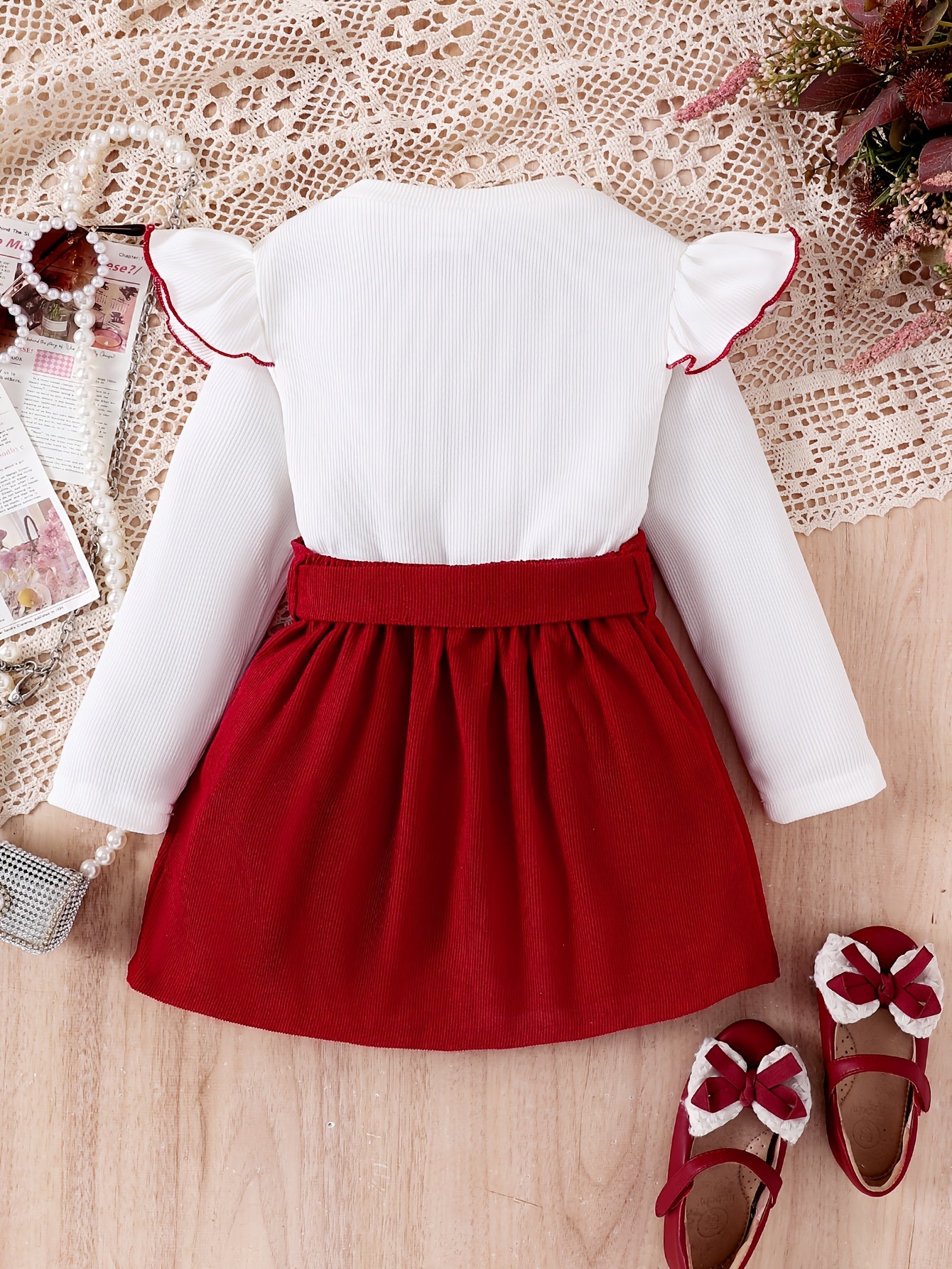 3pcs Girls' Set with 3D Bow Long Sleeve Top, Red Skirt, and Belt for Autumn
