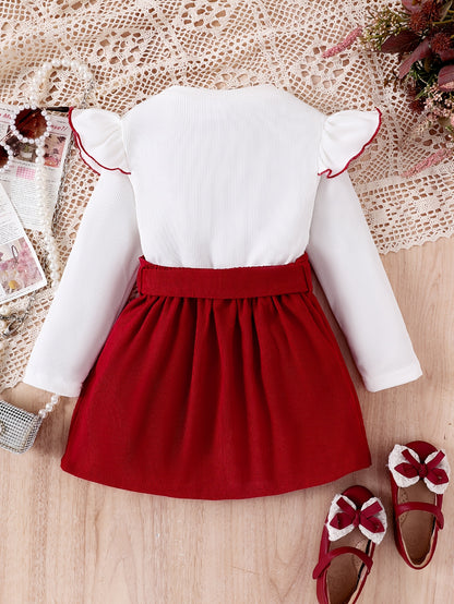 3pcs Girls' Set with 3D Bow Long Sleeve Top, Red Skirt, and Belt for Autumn