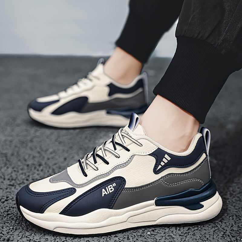 Men'S Fashion Sneakers, Casual Sports Shoes, All-Season Lace-Up Low Top, PU Upper, Fabric Lining, Rubber Sole, EVA Insole, Round Toe, with Trendy Thick Sole for Hiking, Outdoor, Daily Wear