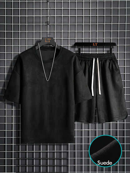 Two-piece Men's summer short-sleeve set, round-neck T-shirt, high-end solid color, half-sleeve, open-back hair clip, thin-fit shorts