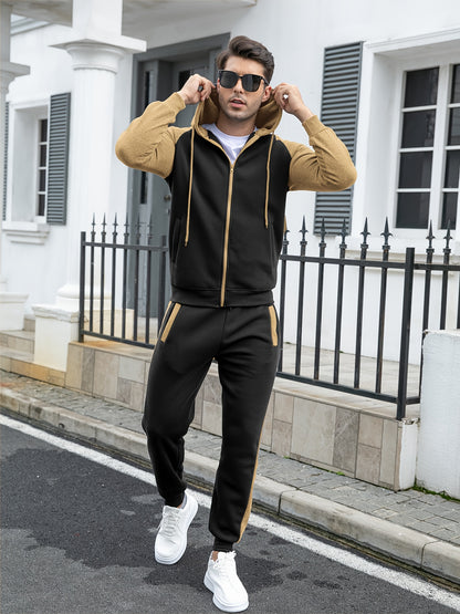 Men'S Casual Sports Hoodie Two-Piece Set with a Color-Blocked Design, Featuring a Zip And Drawstring Waist, Suitable for Jogging in All Seasons
