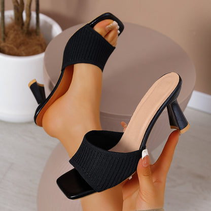 Elegant Chunky-Heeled Knitted Open-Toe Sandals for Women