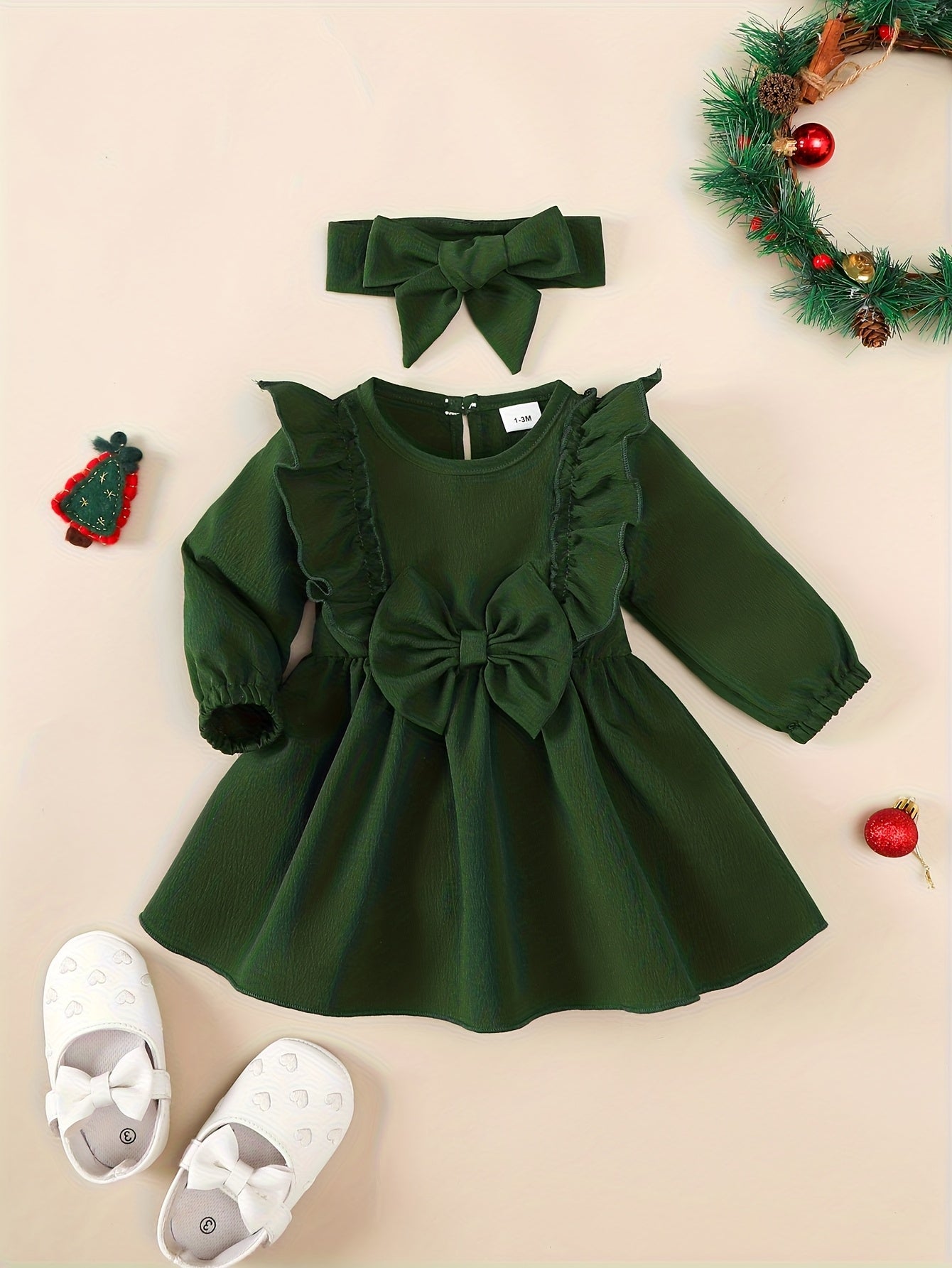 1-18 Months Girls' Red Dress | Christmas New Year Festival Party Wear with Headband, Princess Style, Autumn-Winter Collection, Crew Neck, Long Sleeve, Knee High, Flared Hem