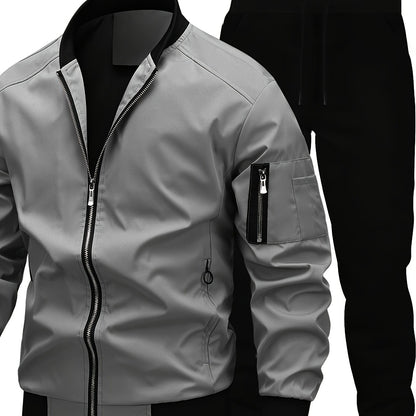 Men'S Casual Workwear Jacket and Pants Set, Solid Color, Long Sleeve, Regular Fit, with Pockets, for Spring/Fall, Casual Attire, Casual Attire|Casual Style|Solid Color Jacket