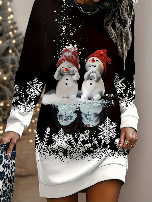 Women's Elegant Winter Snowman & Snowflake Print Sweater Dress - Long Sleeve A-Line Silhouette with Round Neck, Machine Washable Christmas Party Outfit for Holiday Events, New Year's Eve & Everyday Winter Wear - Cozy Casual t