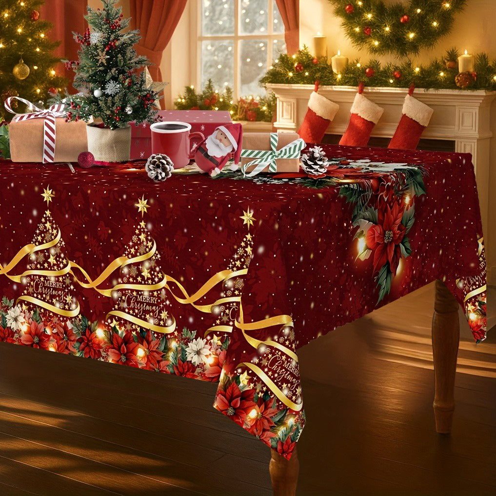 1pc Burgundy & Golden Christmas Tablecloth with Poinsettia, Holly, Pine Garland & Snowflake Patterns - Red/Green/Golden Rectangular Table Cover for Holiday Parties, Xmas Dinner, Thanksgiving, New Year's Decorations (Easy-Clea